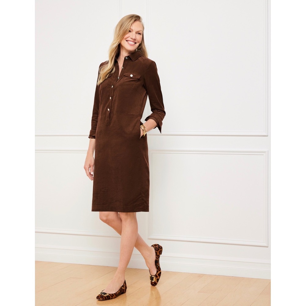 Talbots Womens Brown Corduroy Button Front Shirt Dress 100% Cotton Size 12